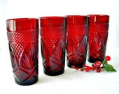 Ruby Red Glassware, Christmas Glasses, Cristal D'Arques Durand Glassware Antique Tumblers, Set of 4, Pressed Glass French Coolers