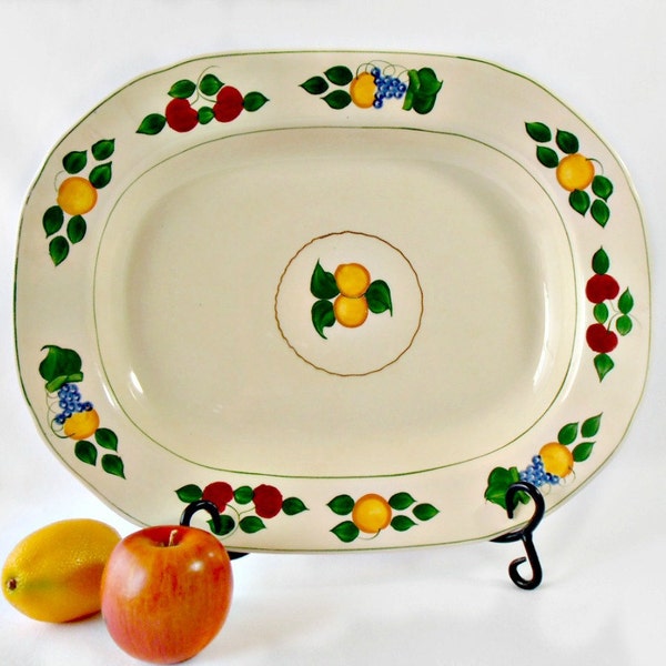 Antique Royal Adams Ivory 15 Inch Serving Platter Titian Ware RD 673892 England Antique 1920's Hand Painted Fruit with Green Trim