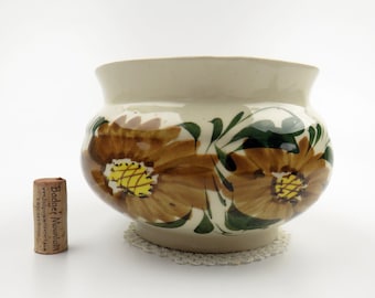 vintage 1970's Ceramic Planter with Freehand Flower Hand Painted Off White Autumn Colors Green Brown Yellow