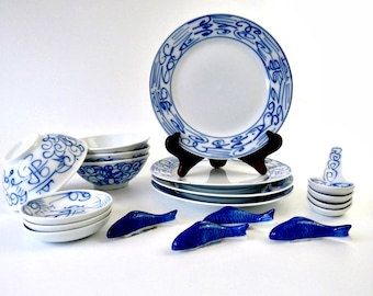 vintage Asiatique Porcelaine Chine Double Happiness 19 pc Bleu & Blanc Chinois Soup Set par Canton Express Bentson West Designs Boston Warehouse