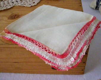 Vintage Linen Hankie: White Cotton, Pink Crochet Lace Edge
