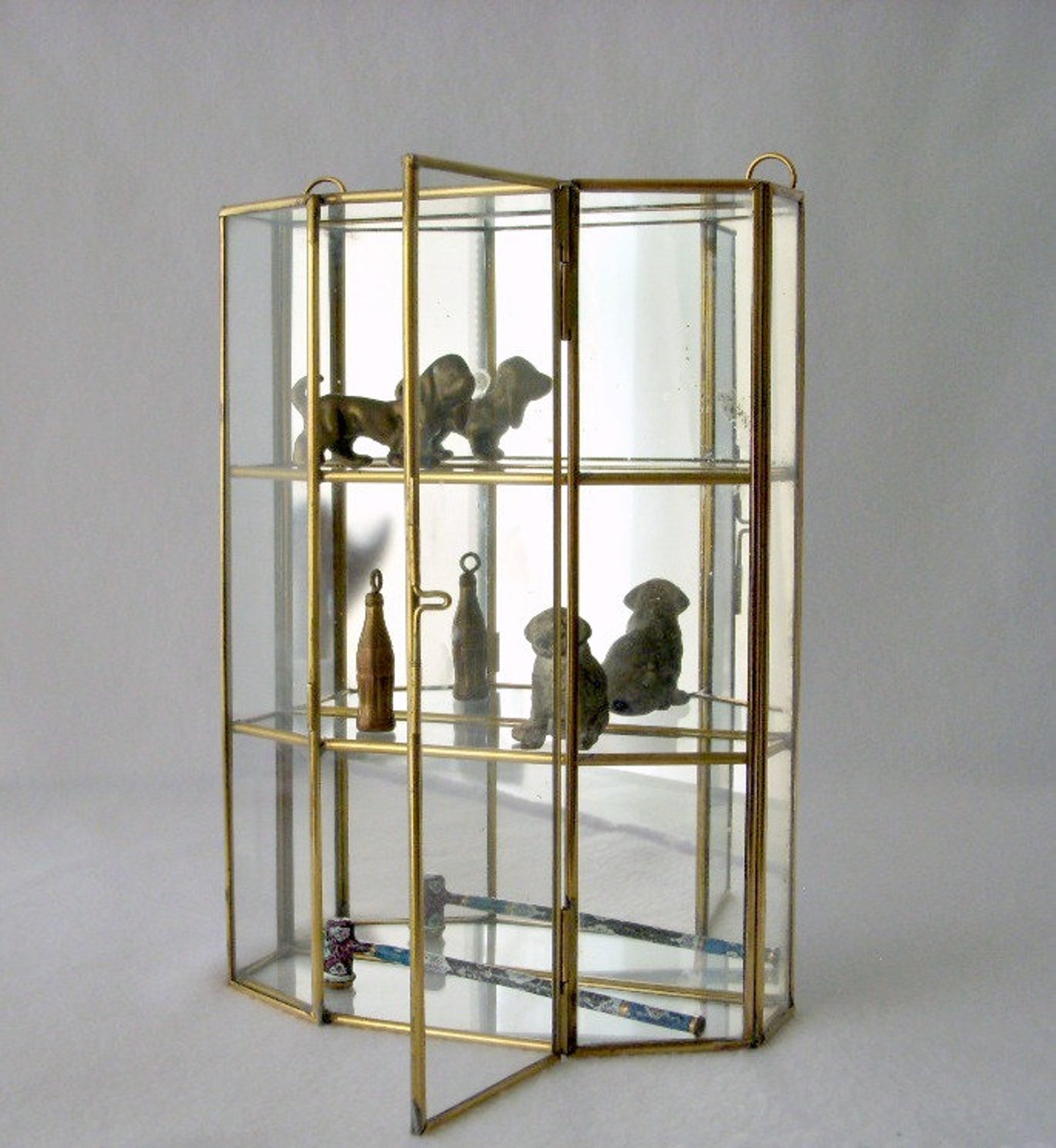 Vintage Glass and Brass Mirrored Wall Curio Miniature Etsy