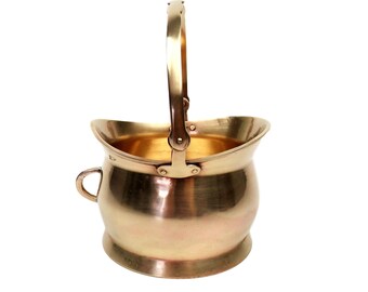 Vintage Brass Coal Scuttle Small Chimney Bucket, Folding Brass Handle Metal Cauldron Basket, Old Brass Plant Pot