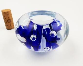 Vintage Gibson Art Glass Votive Candle Holder: Blue Trumpet Flowers, Air Bubbles