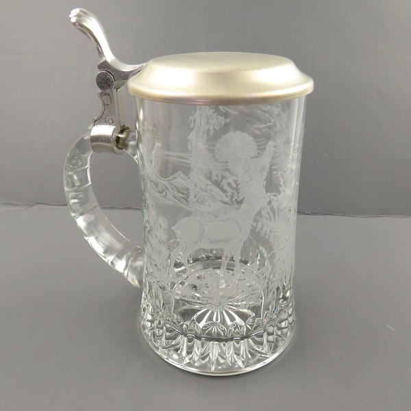 Vintage 1970s Pewter and Crystal Etched Mug Stein Turkey & Mountain Goat Round Handle