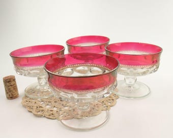 Vintage Tiffin Ruby Flash Dessert Glasses, Kings Crown Thumbprint, Midcentury Barware