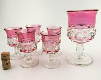 Vintage Pink Flash Thumbprint Glass Goblets - Kings Crown Disneyland Style, Set of 6