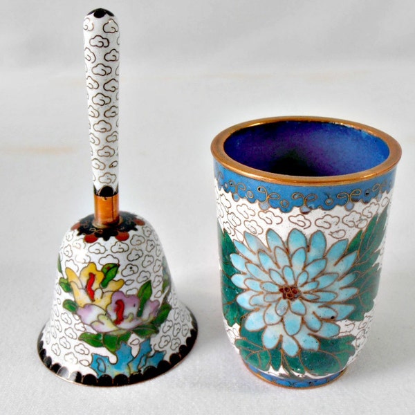 Vintage Asian Cloisonne Hand Bell and Tea Cup - Set of 2 - Asian Chinoiserie White and Blue Asian Decor Peony Floral Design