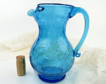 Vintage Pilgrim Turquoise Blue Crackle Art Glass 6" Pitcher Vase Blow Mold with Applied Handle Pinched Spout, West Virginia Glass