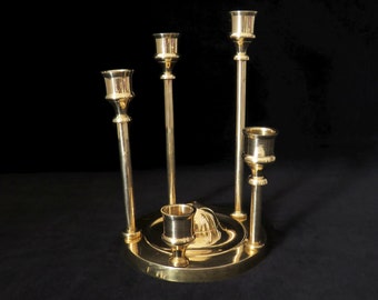 Mid Century Modern Brass Candlestick Circular Holder Five Arm Candelabra with Graduated Heights Made in India Exclusively for Enesco