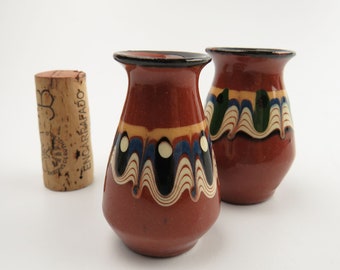 Vintage Bulgarian Drip Glaze 2" Miniature Vases, Set of 2 Handmade Red Clay Pottery