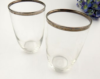 MCM Vintage Clear Blown Glass Modern Platinum Rim 11 Ounce Tumblers, Set of 2