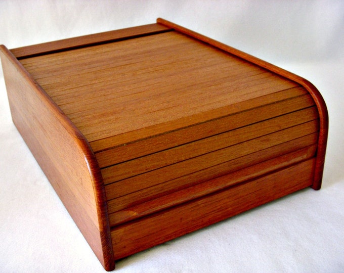 Mid Century Teak Tech Wood Tambour Box Roll Top Storage Box Etsy