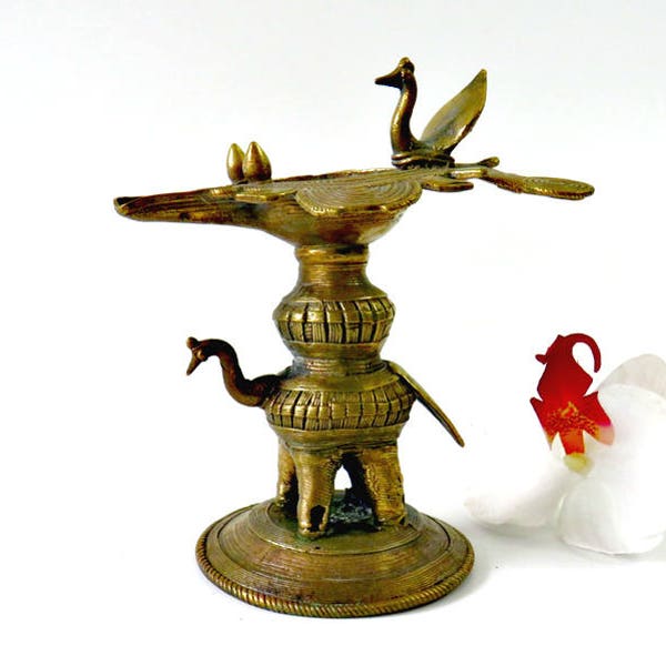 Antique Hindu 19th Century India Oil Lamp Traditional Dhokra Elephant Tortoise w Peacocks, Tribal Art Cire Perdue Hand Cast Bell Metal Brass