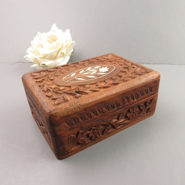 Vintage 70's Rectangle Keepsake Stash Box, Hand Carved Sheesham Wood Floral Inlay, Bohemian India Hinged Box w Blue Cloth Interior