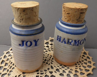 Vintage Christmas Pottery Jars: Joy & Harmony, Cork Top Spice Bottles