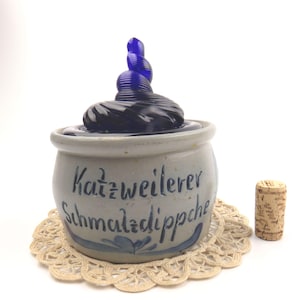 Vintage Salt Glaze Pottery Bowl: Blue Art Glass Lid, Cobalt Details
