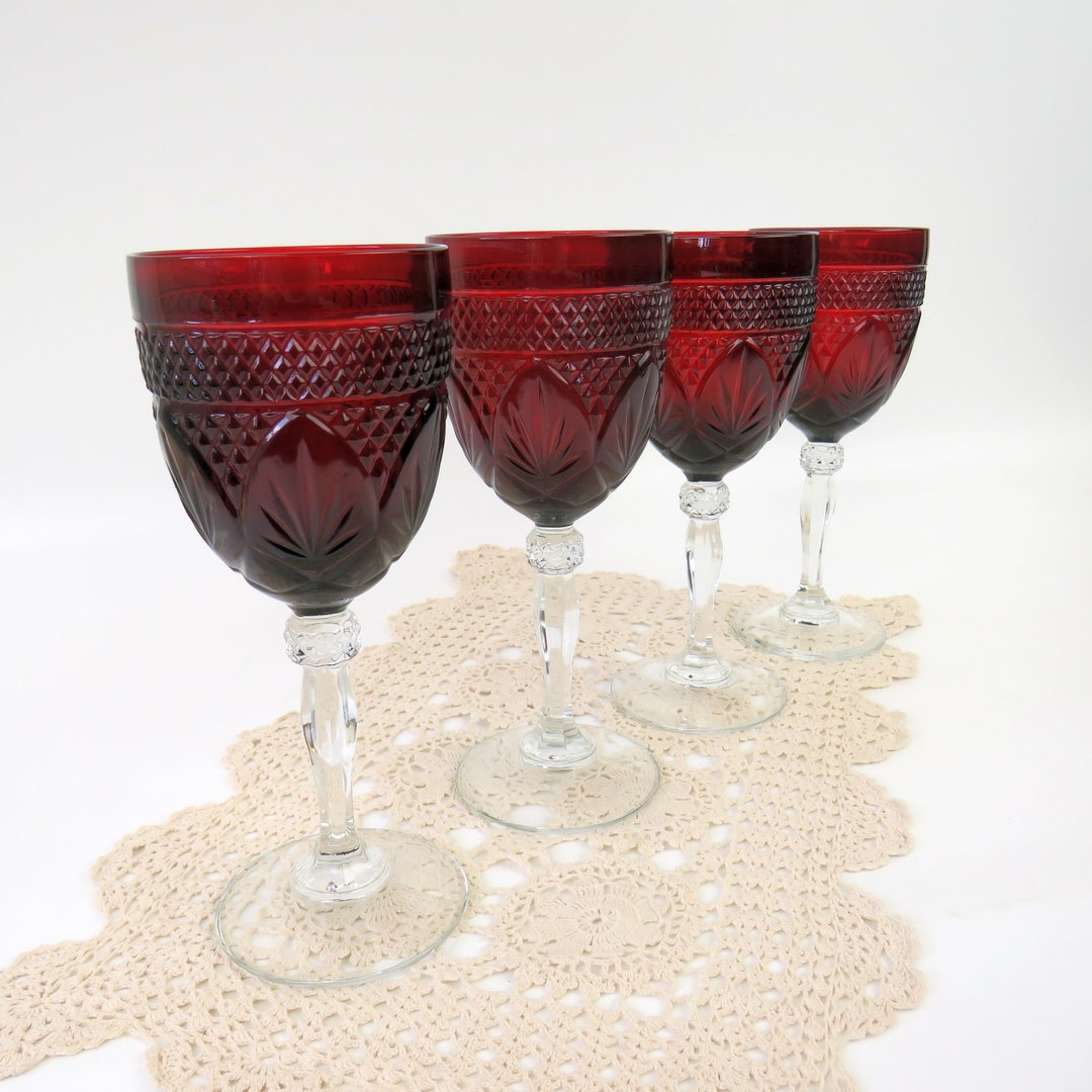 Antique Ruby Red Glassware, Cristal D'arques Durand Clear Stem Wine Glasses Water Goblet, Set of