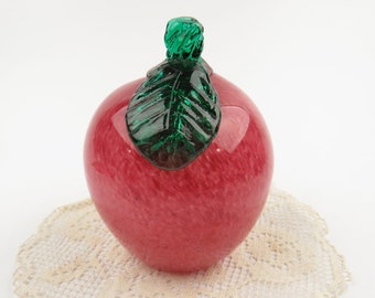 Vintage Murano Blown Glass Apple Fruit and Green Leaf Paperweight Figurine Collectible Kitchen Decor