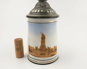 Vintage Beer Stein French National Denhimal White Porcelain Metal Engraved Flip Top