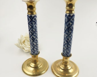 Vintage 1990's Delft Blue Candlestick Holders 10" PAIR Two Brass & Hand Painted Porcelain Stick Candles Table Top Decor