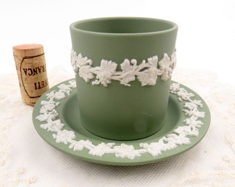 Vintage Wedgwood Jasperware Set of 2 PC Green Sage 2 1/4” Small Cup Pegasus & 4 1/4" Dish Raised Grapevine Made in England