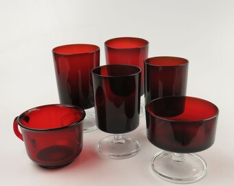 Vintage French Red Glasses with Clear Stems Assorted set of 6 Various Sizes Coffee Dessert or Wine