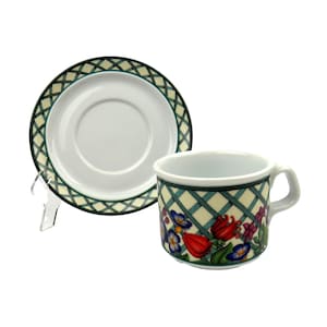 Vintage Dansk International Porcelain Flat Cup and Saucer, Nordic Garden Pattern, Made in Portugal