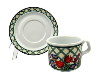 Vintage Dansk International Porcelain Flat Cup and Saucer, Nordic Garden Pattern, Made in Portugal
