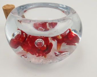 Vintage Gibson Art Glass Candle Holder, Red Trumpet Flowers, Signed 1999