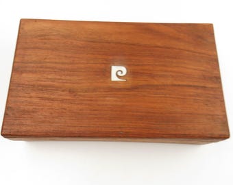 Vintage Pierre Cardin Stash Box: Hand Carved Teak Keepsake with Mother of Pearl Logo