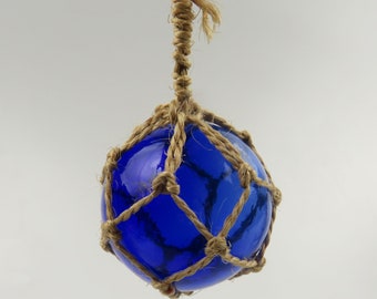 Vintage Hand Blown Glass Cobalt Blue Fishing Float with Jute Hanger Blob Seal Pontil Mark