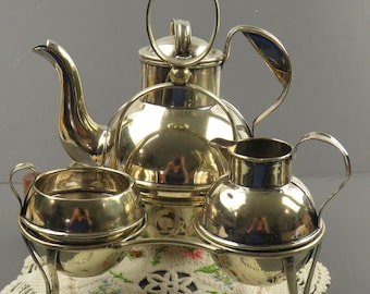 RARE Mid Century Silver Tea Coffee Service Handle Carrier Goose Spout w Top Cream & Sugar Bowls Marked Set