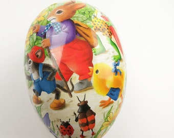 Vintage German Paper Mach'e Nesting Easter Egg 6" Rabbit Chick Frog Lady Bug Mouse Cardboard Candy Container Collectible Ephemera