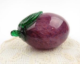 Vintage Murano Blown Glass Purple Plum Fruit and Green Leaf Paperweight Figurine Collectible Kitchen Decor