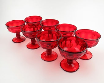 Vintage Ruby Amberina Red Dessert Goblets Dalzell Viking Crystal Glass Arlington, Set of 8, Ice Cream Dessert Stem Bowls