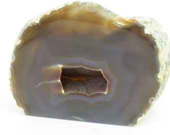 Vintage Smokey Brown Geode Agate with Sugar Crystals Polished Natural Rock Paperweight  Rock Slice Display