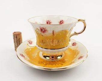 Vintage Paragon Bone China Teacup and Saucer: Yellow Gold, Pink Roses