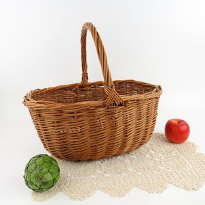 Vintage French Wicker Gathering Basket: Large Bent Twig Farmhouse Decor image 1