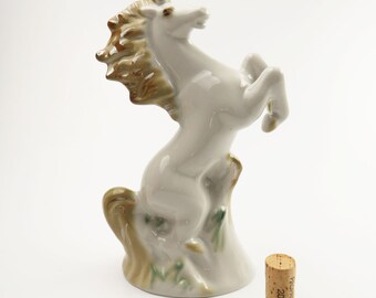 Vintage 1980s Gilded Porcelain Rearing White Wild Horse Figurine Soviet Signed