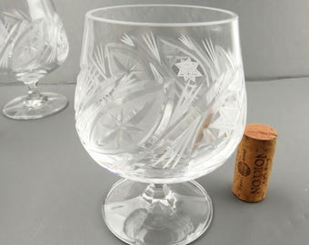Vintage Cut Crystal Set of 2 Pinwheel Star Burst Short Stem Brandy Glasses
