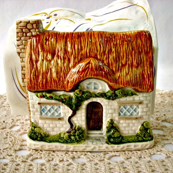 Vintage Ceramic Napkin Holder, Otagiri Japan English Cottage Napkin Holder, Ceramic Bisque Thatched Roof Cottage Letter Holder, Cottage Chic