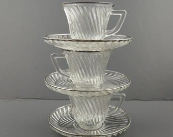 Vintage Depression Federal Glass "Diana" Demitasse Espresso 3 Sets Silver Platinum Trim Cups and Saucers Clear Swirl Glass