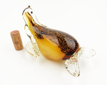 Blown Glass Seal Sea Animal with Brown Speckle Body Applied Fins and Tail