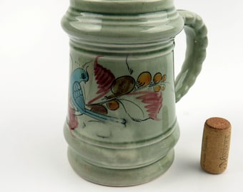 Vintage 1970s Mexican Tonala Beer Stein: Hand-Painted Blue Bird Signed Ceramic Mug