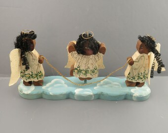 Vintage Handmade Wood Black Folk Art Three Angels Jumping Rope on Stand Hand Painted