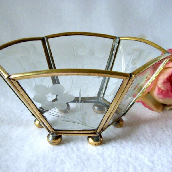 Etched Glass and Brass Geometric Bowl, Brass Caming, Hexagon Footed Bowl, Glass Panel Bowl, Glass Brass Trinket Dish, Wedding Ring Bowl