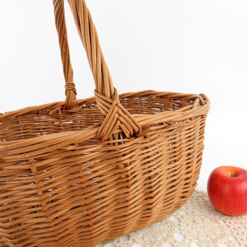 Vintage French Wicker Gathering Basket: Large Bent Twig Farmhouse Decor image 5