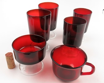 Vintage MCM Arcoroc Red & Clear Stem Mixed set of 5 Pedestal Glasses Plus 1 Arcoroc Coffee Mug w Handle