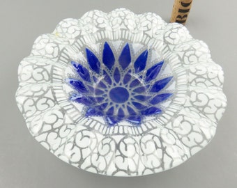 Vintage Art Glass by Sydenstricker Crimped 7" Bowl Fan & Arch Design Blue and White